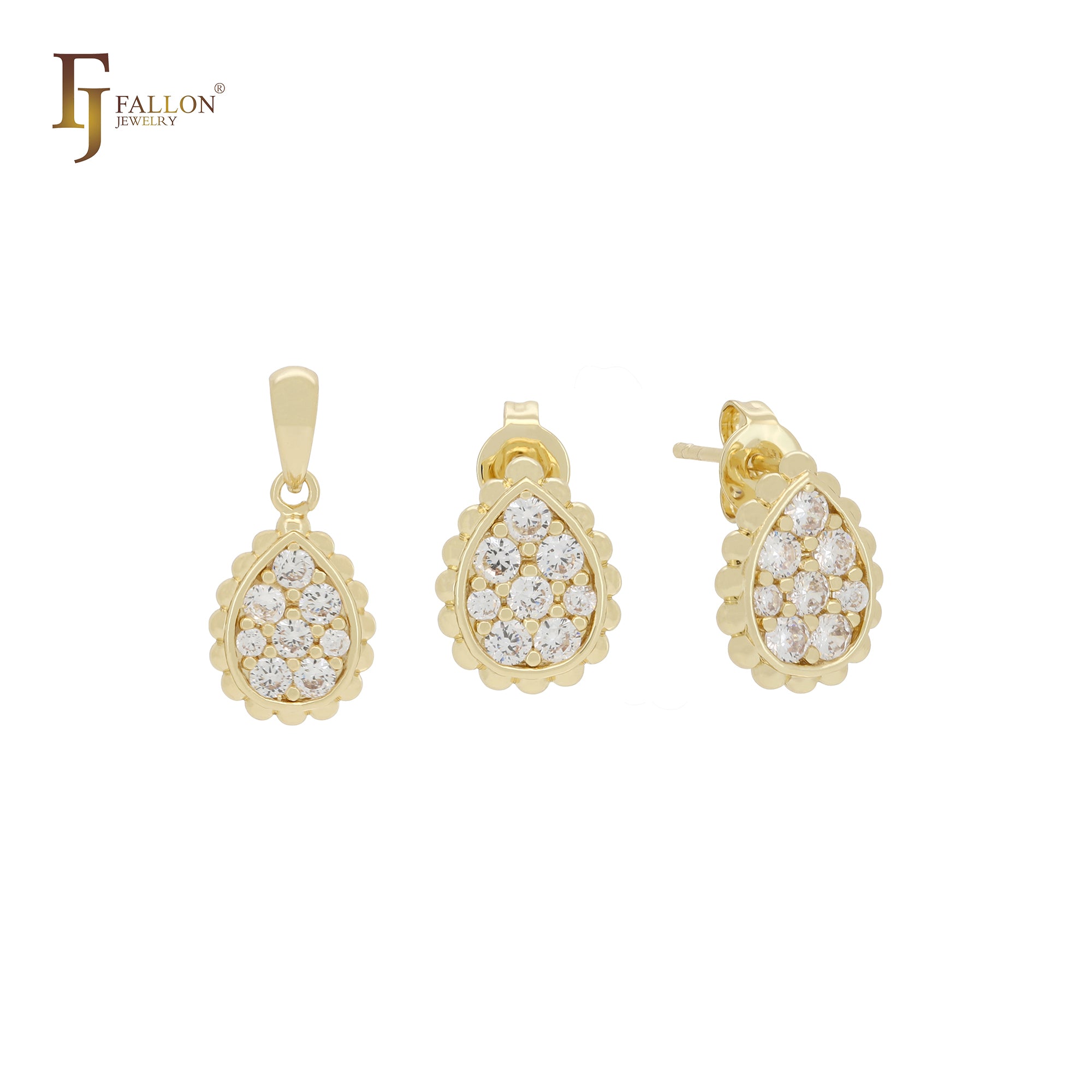Petit tiny Teardrop shape cluster white rounded CZs 14k Gold Jewelry Set with Pendant and Stud Earrings
