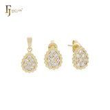 Petit tiny Teardrop shape cluster white rounded CZs 14k Gold Jewelry Set with Pendant and Stud Earrings