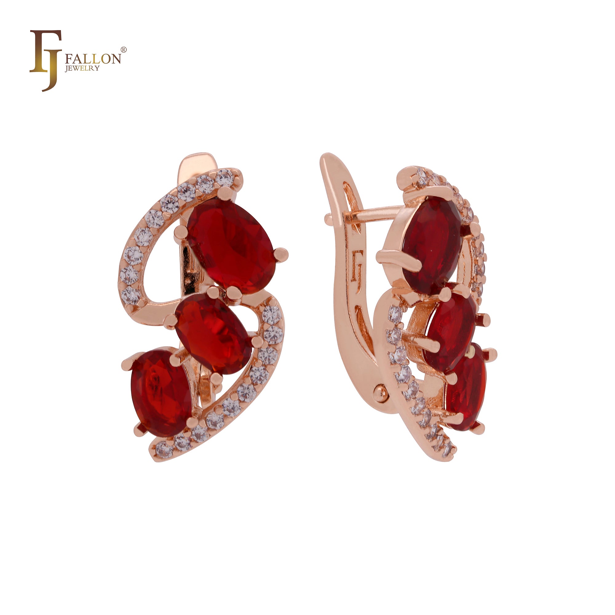 Triple Red CZs with white CZs cluster luxurious Rose Gold Clip-On Earrings