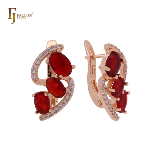 Triple Red CZs with white CZs cluster luxurious Rose Gold Clip-On Earrings