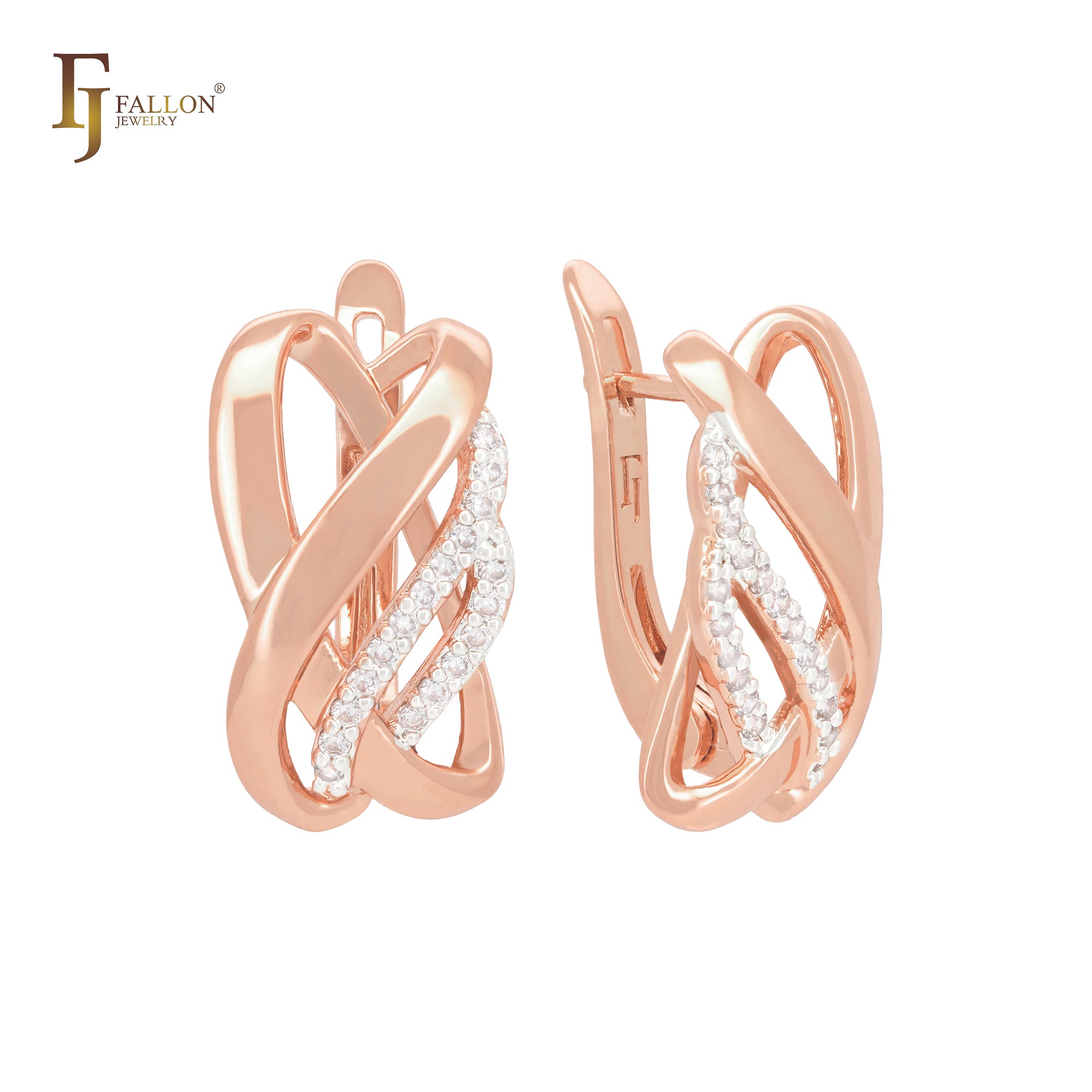 Multi rows interlocking white CZs ribbons Rose Gold two tone Clip-On Earrings