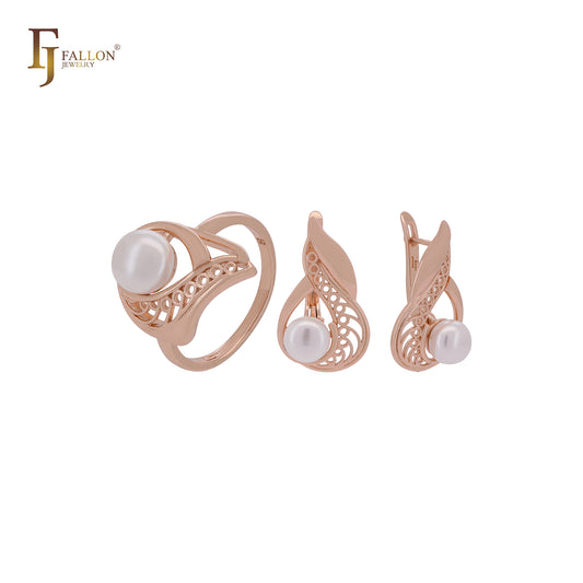 Great filigree clawed pearl Rose Gold Jewelry Set with Rings