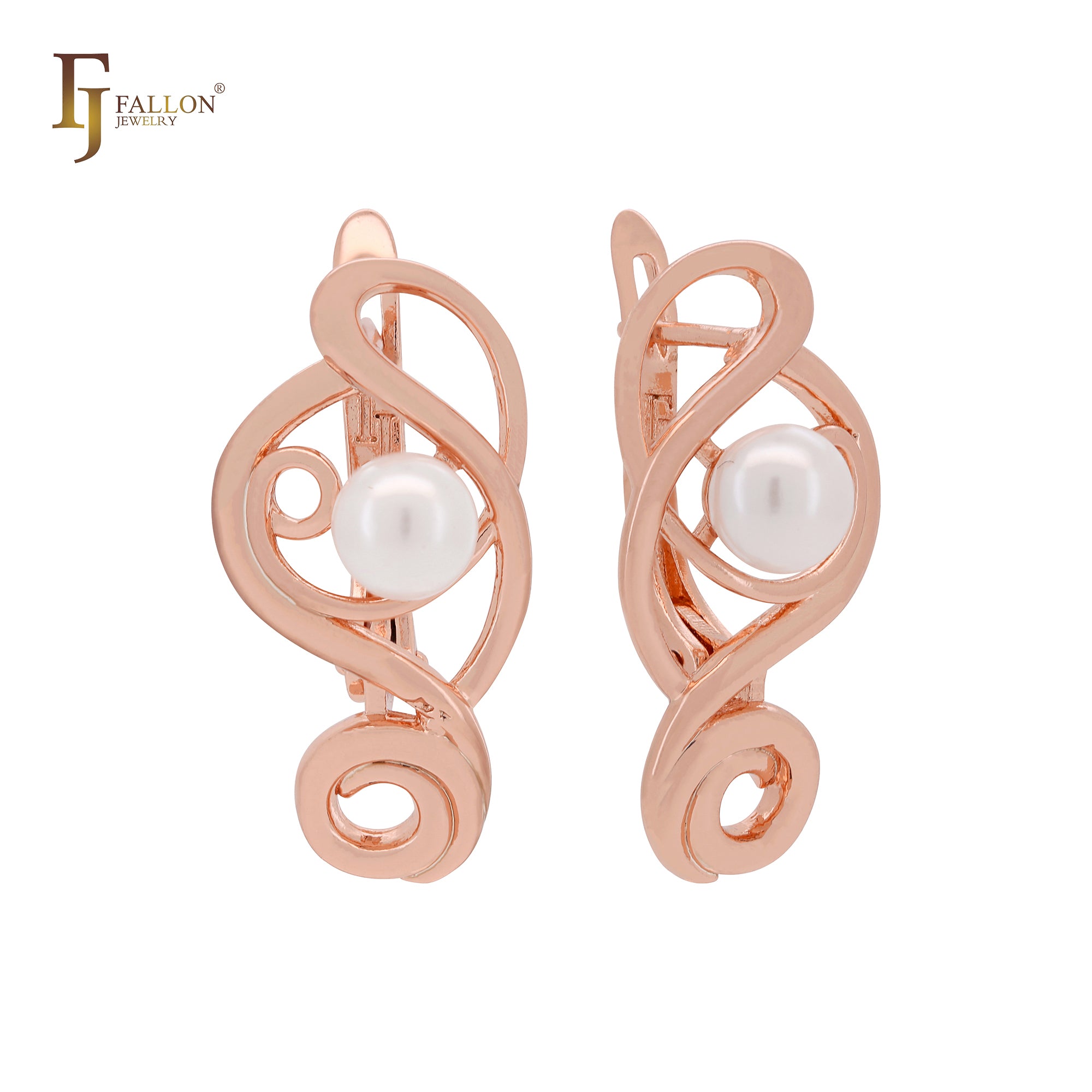 Interlocking curved wire pearl Rose Gold Clip-On Earrings