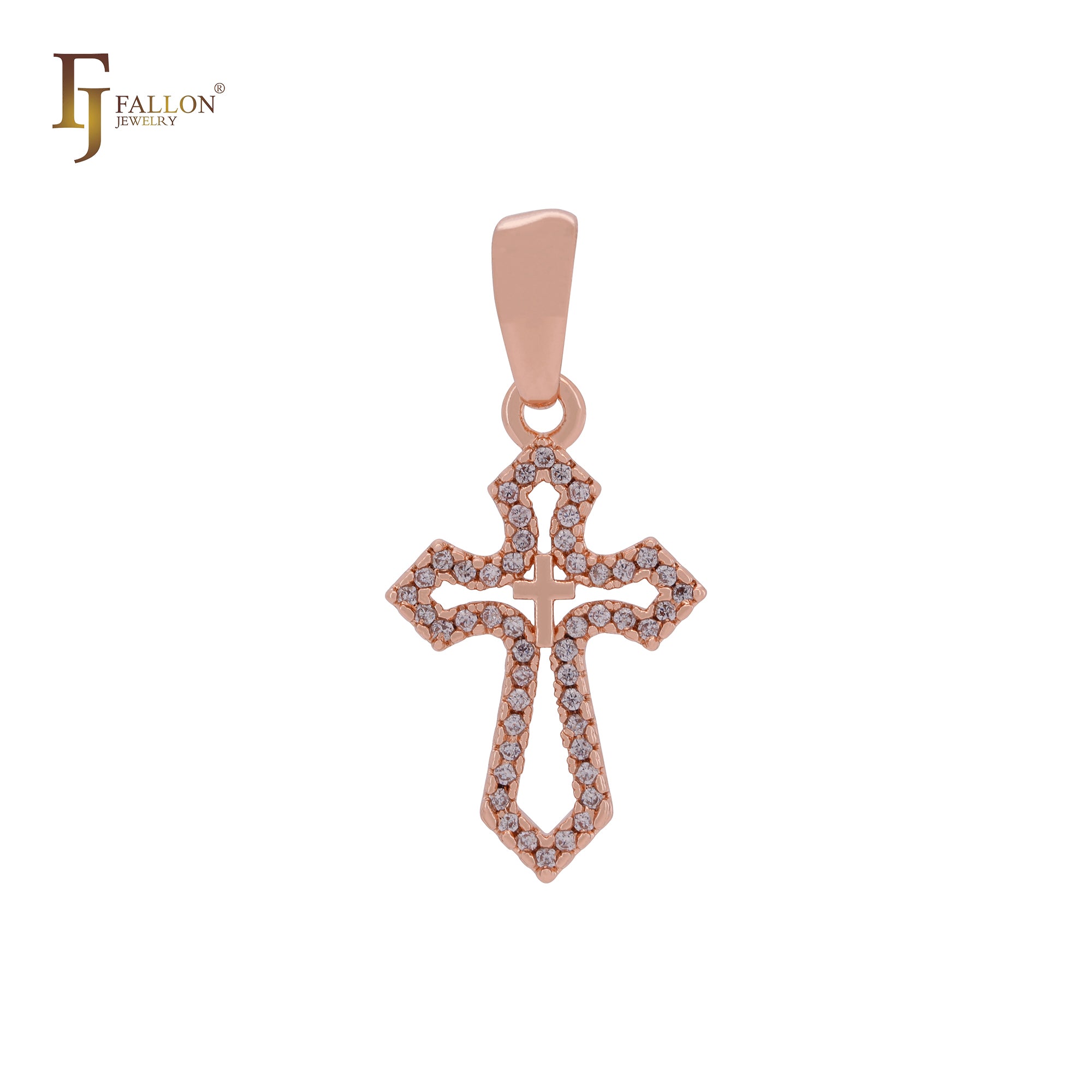 Cross in cross paved white CZs 14K Gold, Rose Gold Cross Pendant