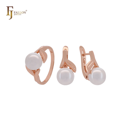 Pearl under leaves elegant Rose Gold Jewelry Set with Rings