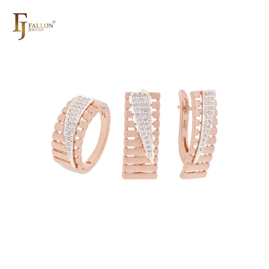 Shutters of Jalousie with white CZs Rose Gold two tone Jewelry Set with Rings