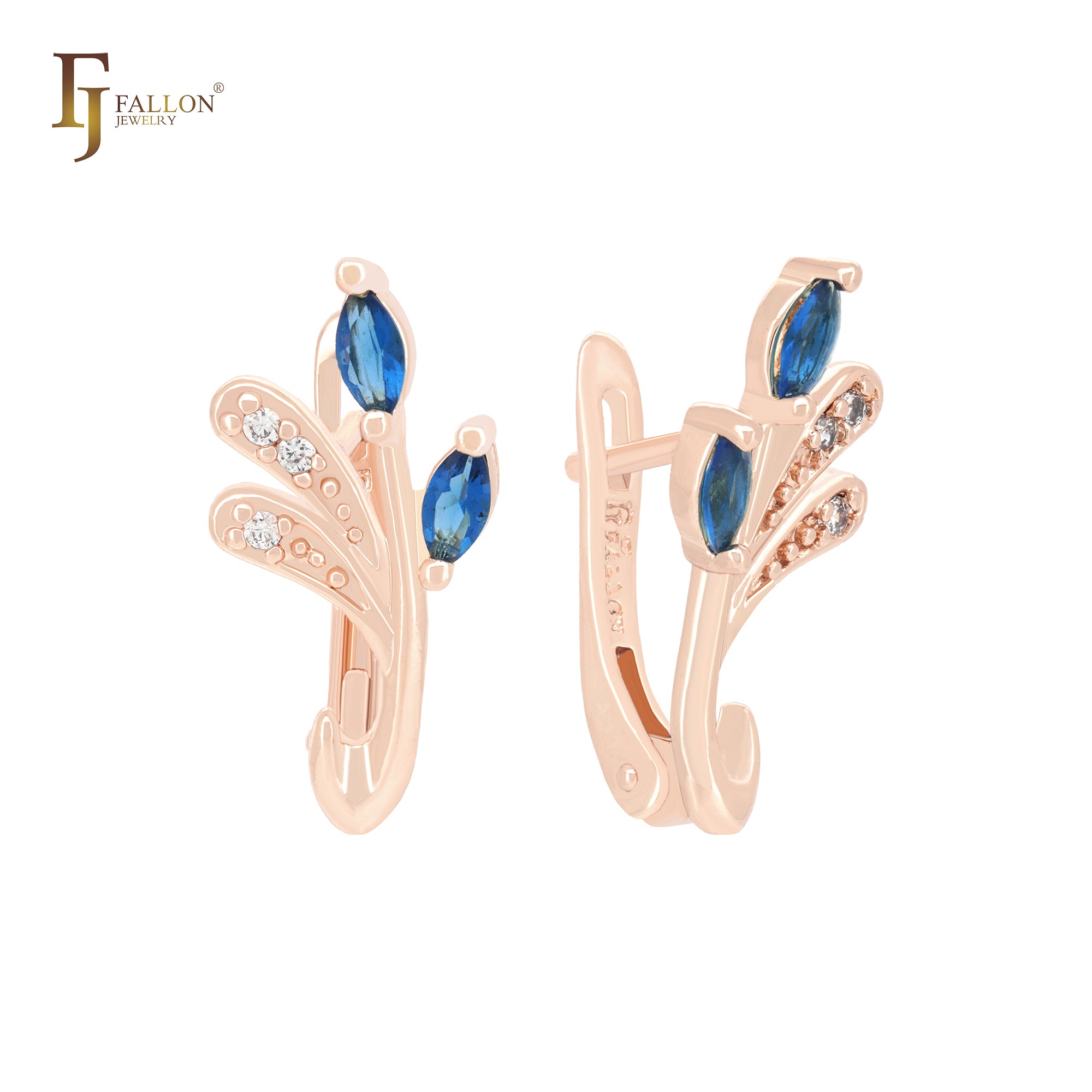 Double Marquise Deep Blue CZs flower 14K Gold, Rose Gold Clip-On Earrings