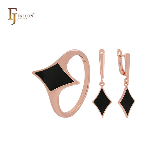 Painted black rhombus Star Rose Gold Jewelry Set with Rings