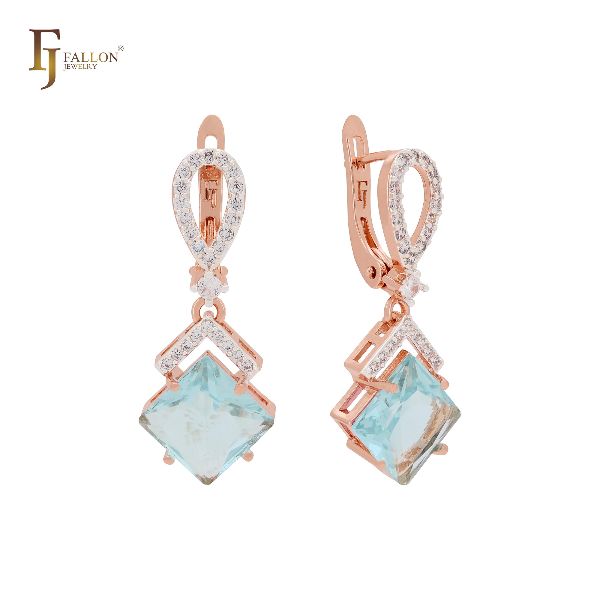 Dangling rhombus shape lake blue CZ with white CZs band Rose Gold Clip-On Earrings