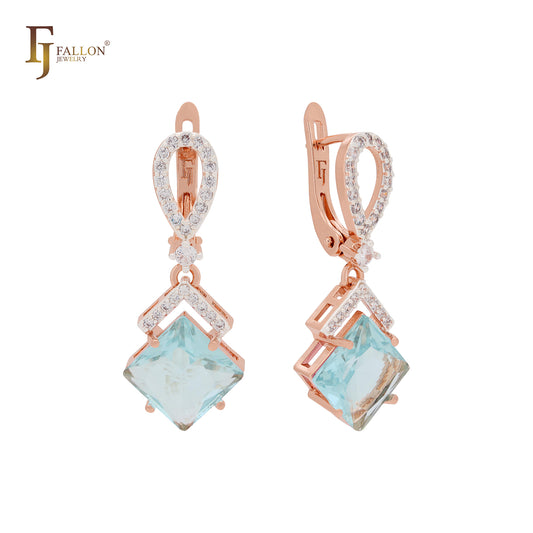 Dangling rhombus shape lake blue CZ with white CZs band Rose Gold Clip-On Earrings