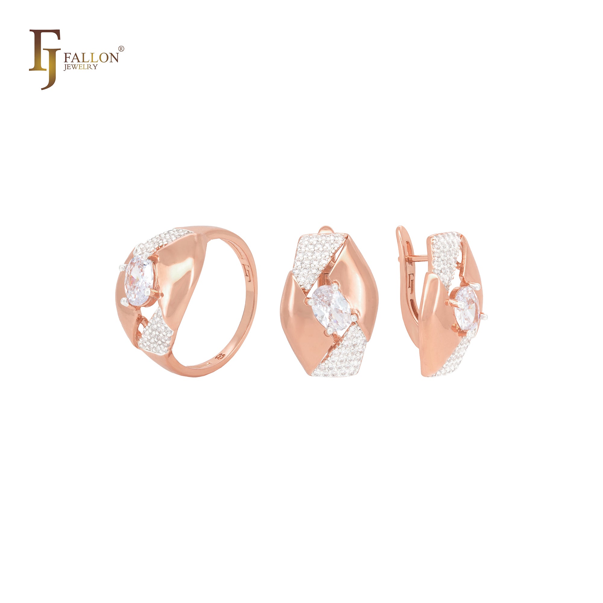 Oval hexagon with solitaire white CZ with Paved white Czs Rose Gold two tone Jewelry Set with Rings