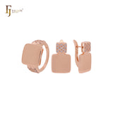 Double squared lock of white CZs geometric Rose Gold Jewelry Set with Rings