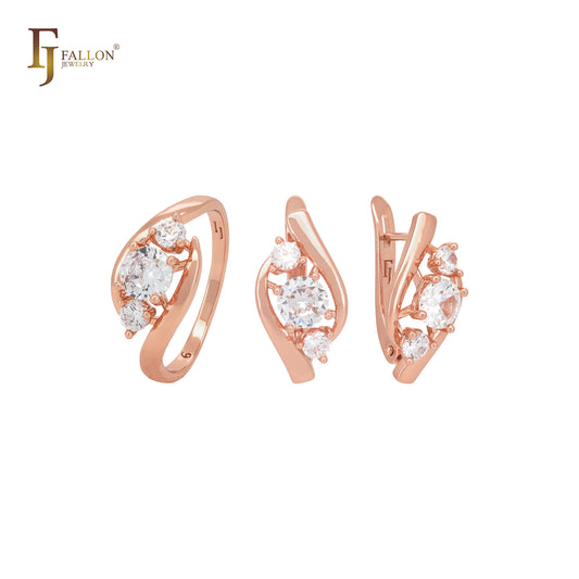 Triple white CZs clawed elegant Rose Gold Jewelry Set with Rings