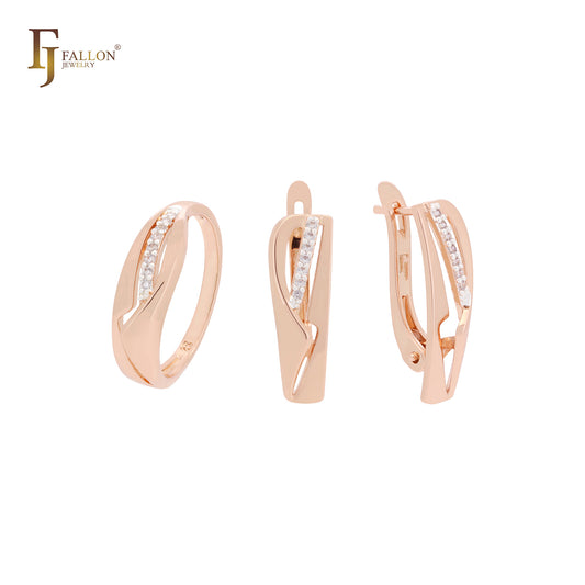 Geometric with slash of white CZs Rose Gold two tone Jewelry Set with Rings