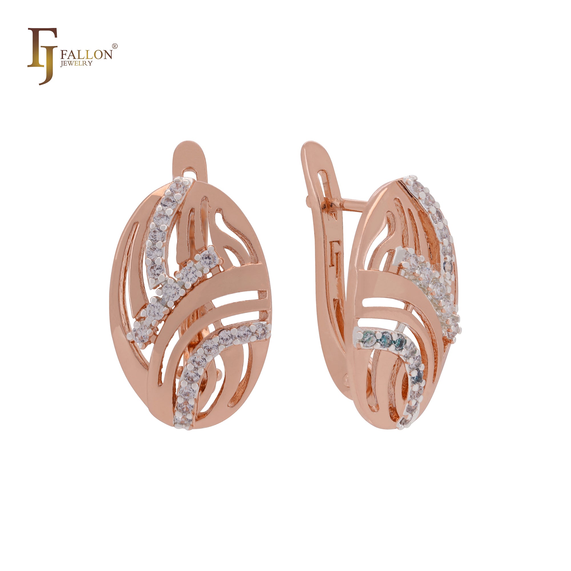 Oval wire filigree textured white CZs Rose Gold two tone Clip-On Earrings