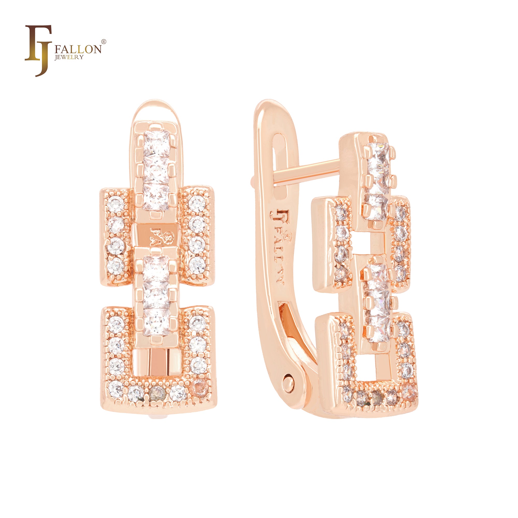 Buckle linked white CZs cluster 14K Gold, Rose Gold Clip-On Earrings