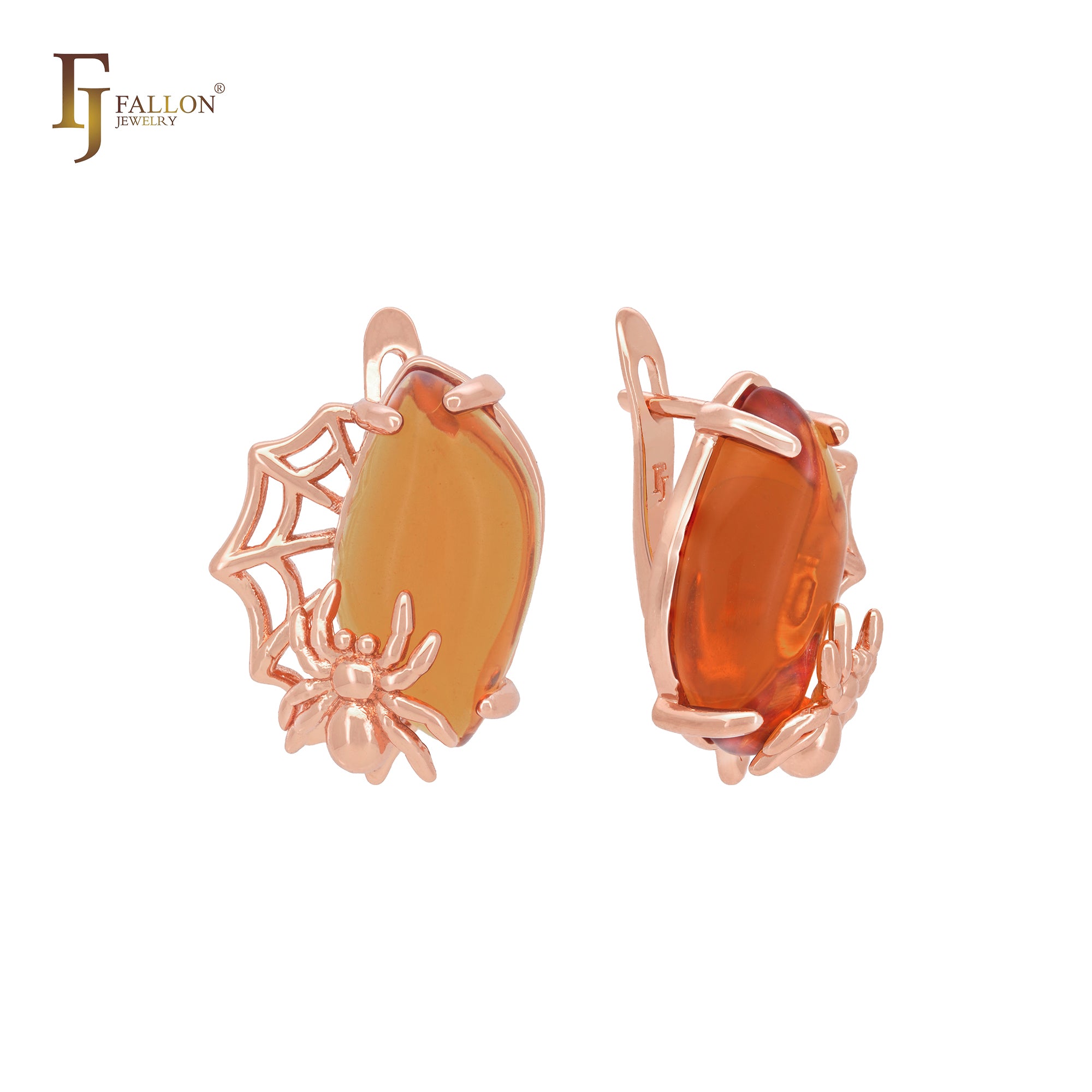 Great marquise orange amber spider and spider net Rose Gold Clip-On Earrings