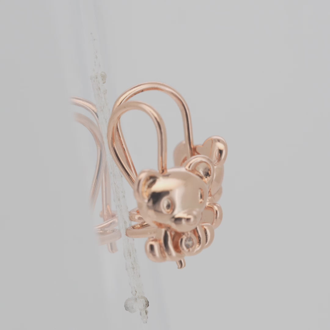 Wire hook bear solitaire child earrings in 14K Gold, Rose Gold, two tone plating colors