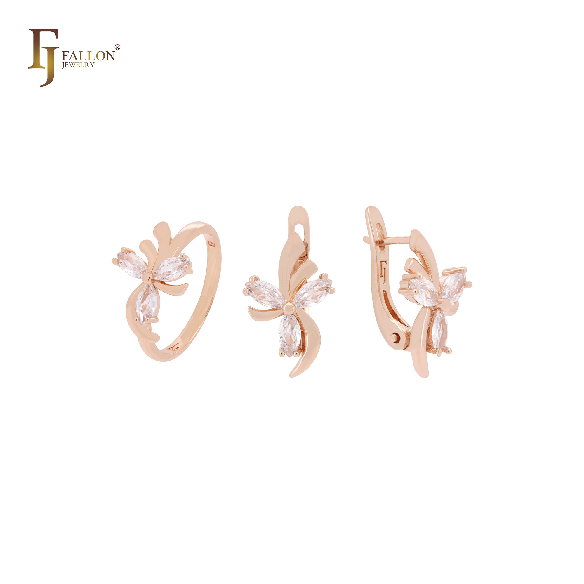 Flower of butterfly white CZs Rose Gold Jewelry Set with Rings