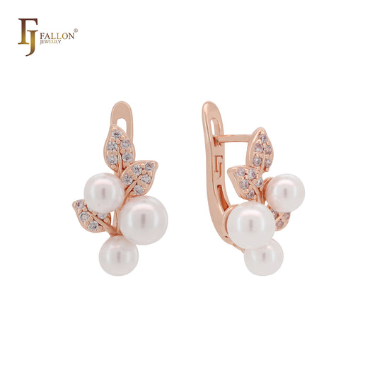 Triple pearls and leaves 14K Gold, Rose Gold, two tone Clip-On Earrings