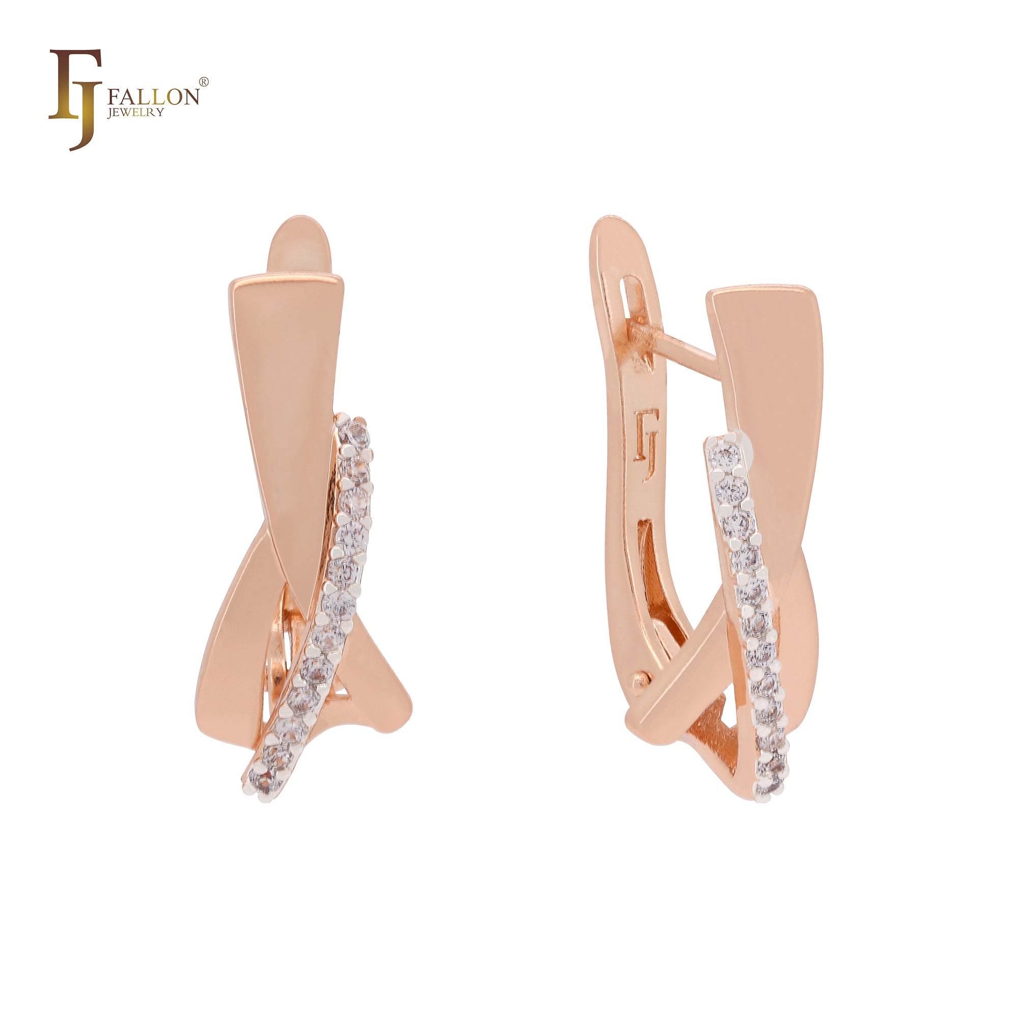 Twisted ribbon of white Czs Rose Gold two tone Clip-On Earrings