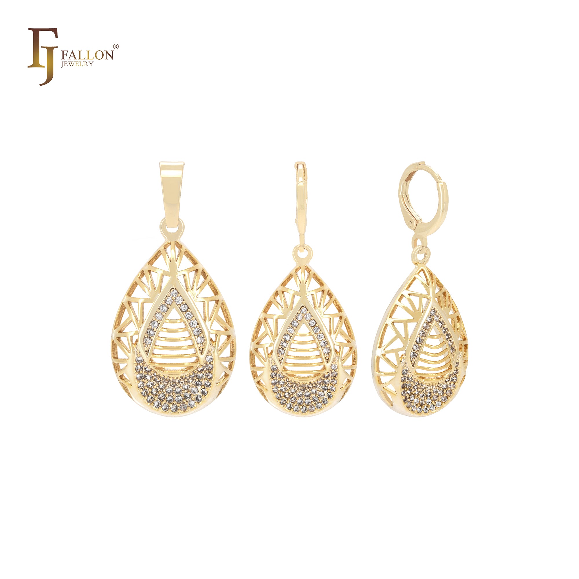 Teardrop shaped of white CZs 14K Gold Jewelry Set with Pendant