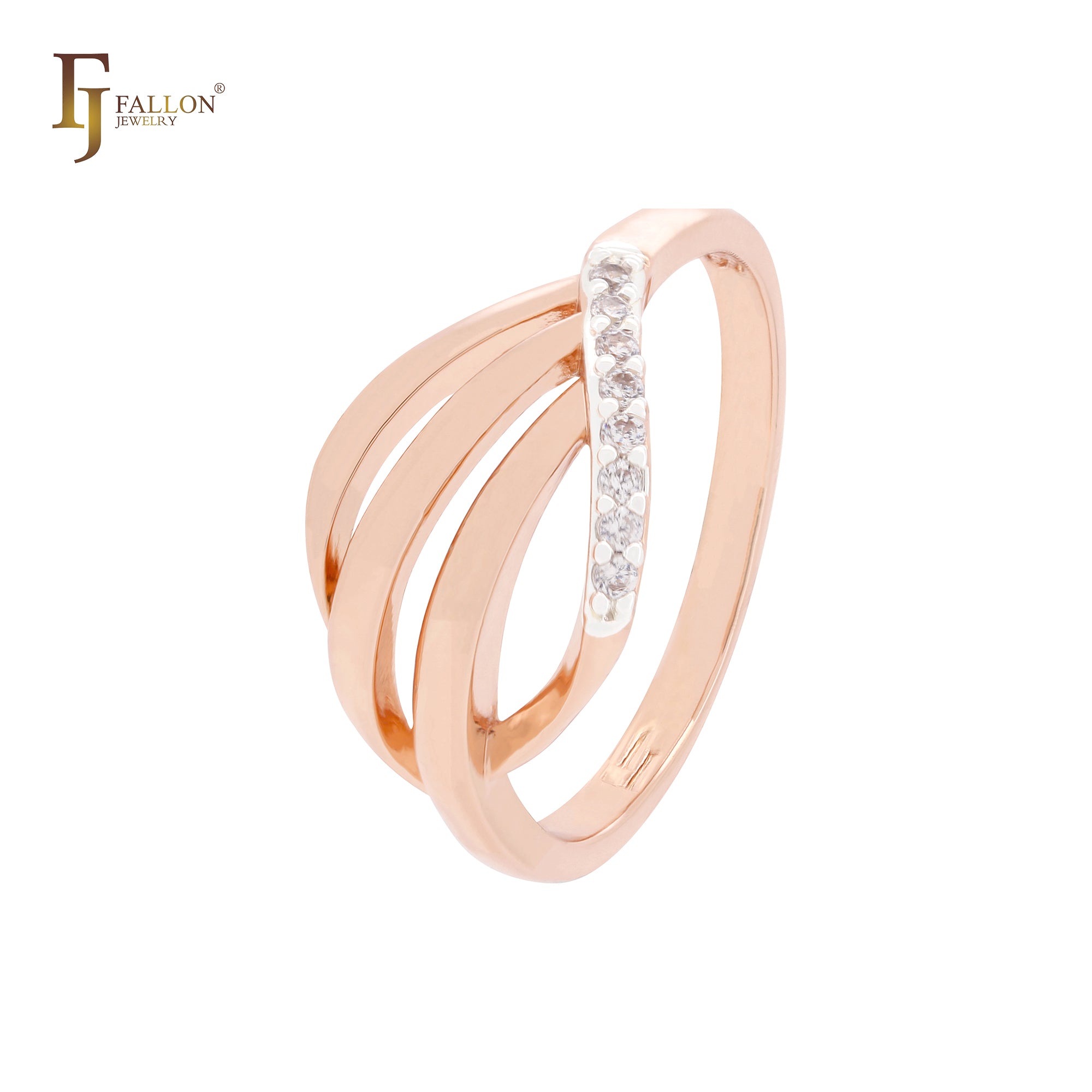 Triple branches geometric white CZs Rose Gold two tone Fashion Rings