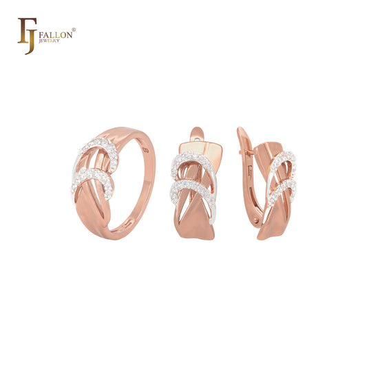 Ribbon crossing bands of white CZ Rose Gold Jewelry Set with Rings