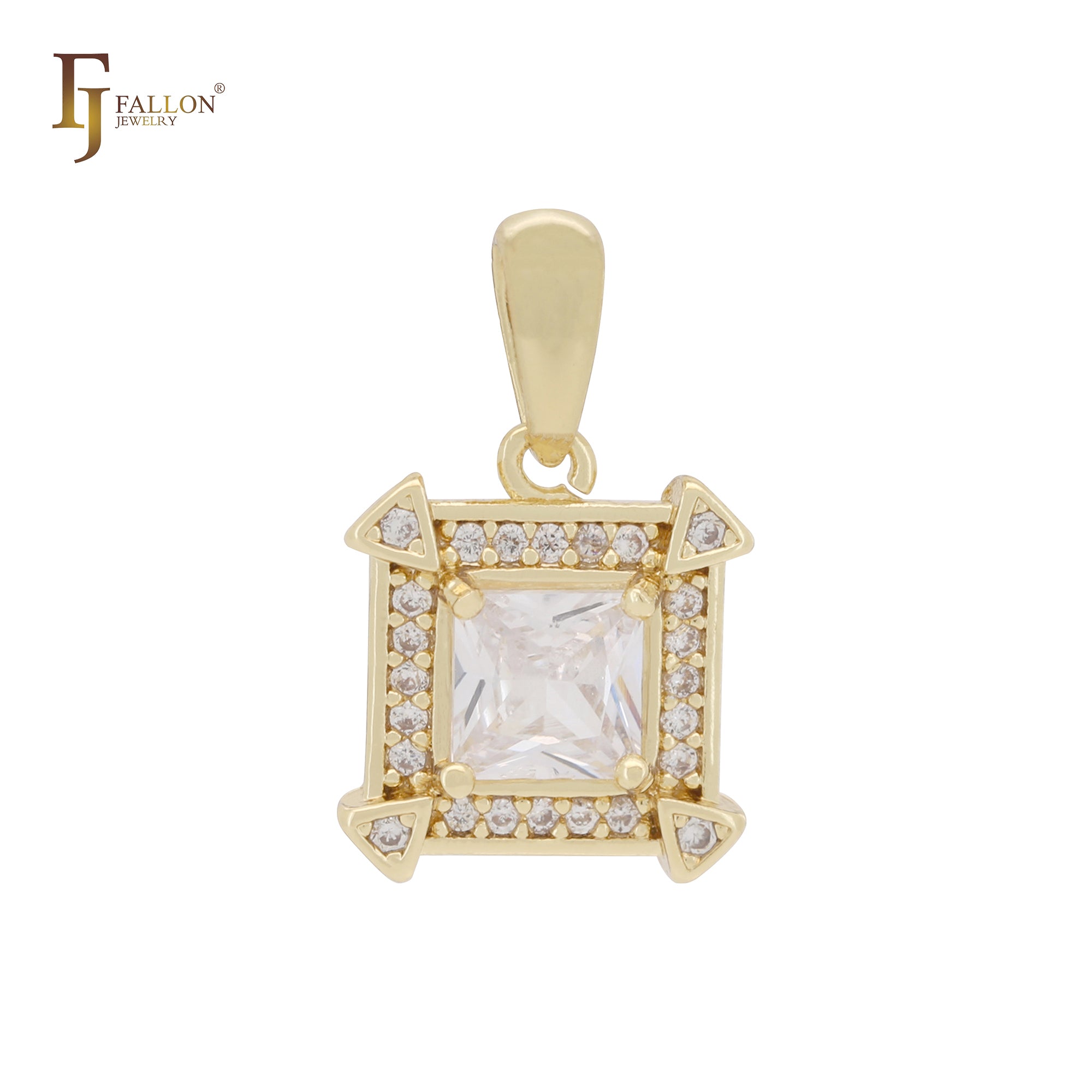 Squared asser cut white CZs halo 14K Gold Pendant