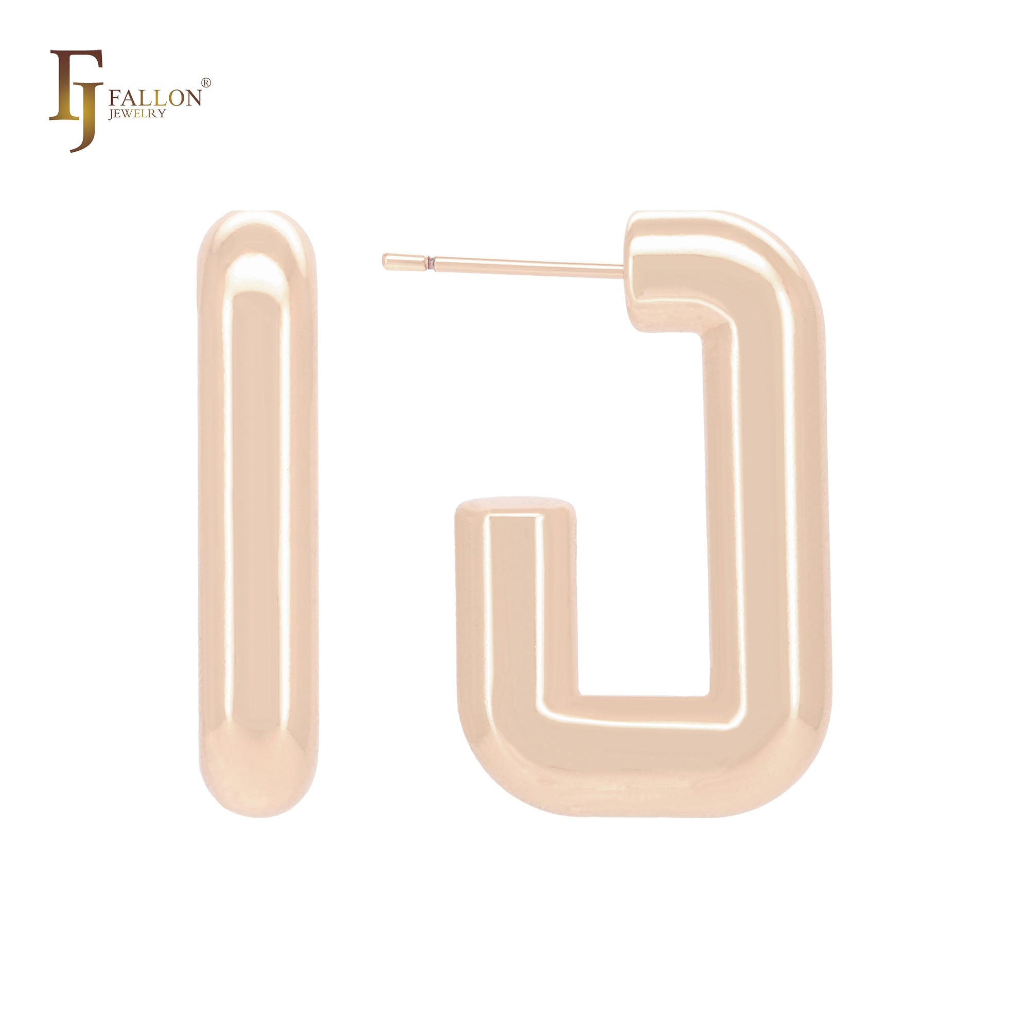 Rounded squared glossy C hoop 14K Gold, Rose Gold, White Gold Stud Earrings