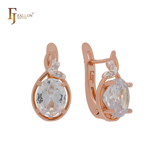 Solitaire Orange CZs with leaves of white CZ Rose Gold two tone Clip-On Earrings