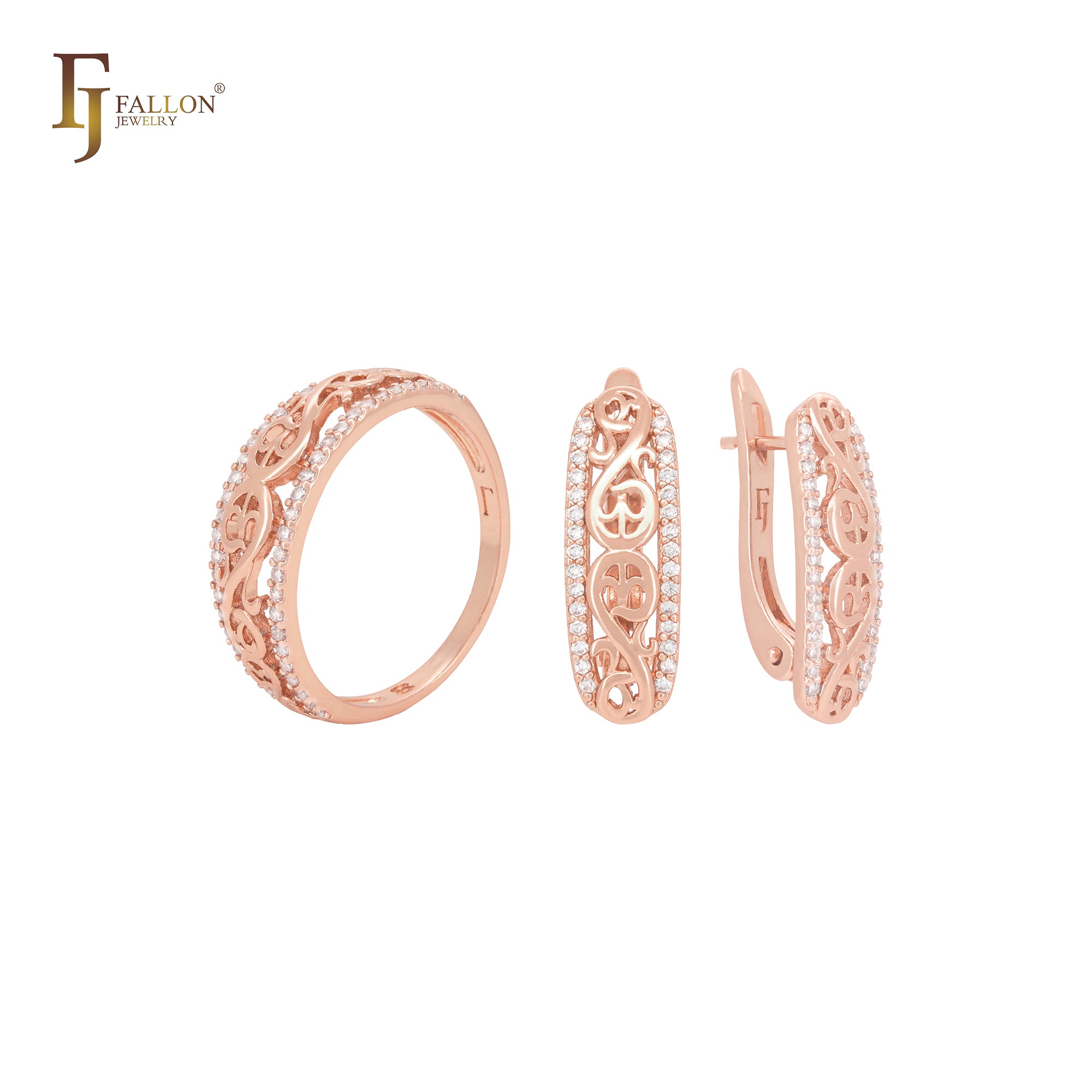 Vines and branches design with white CZs Rose Gold Jewelry Set with Rings