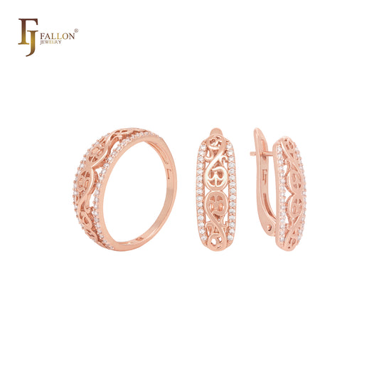 Vines and branches design with white CZs Rose Gold Jewelry Set with Rings