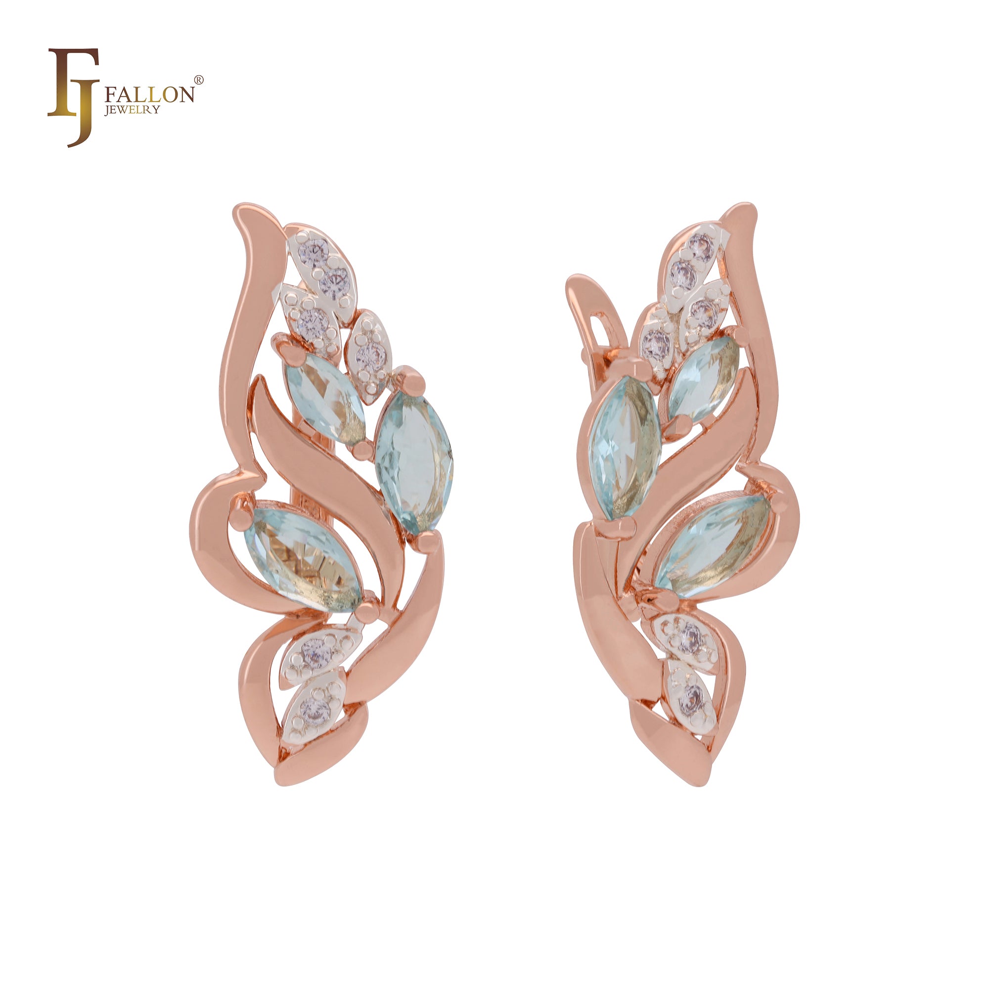 Cluster flower leaves of lake blue CZs luxurious Rose Gold two tone Clip-On Earrings