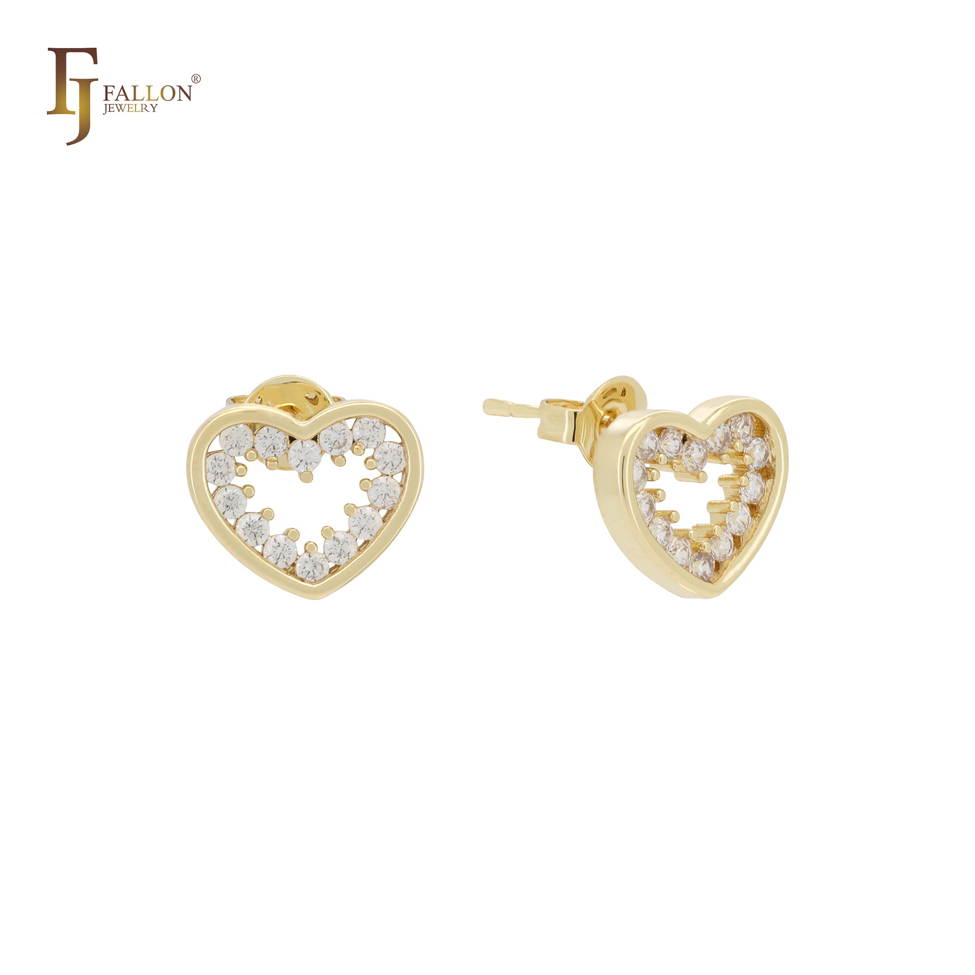 Cluster white CZs Halo hearty heart 14K Gold Stud Earrings