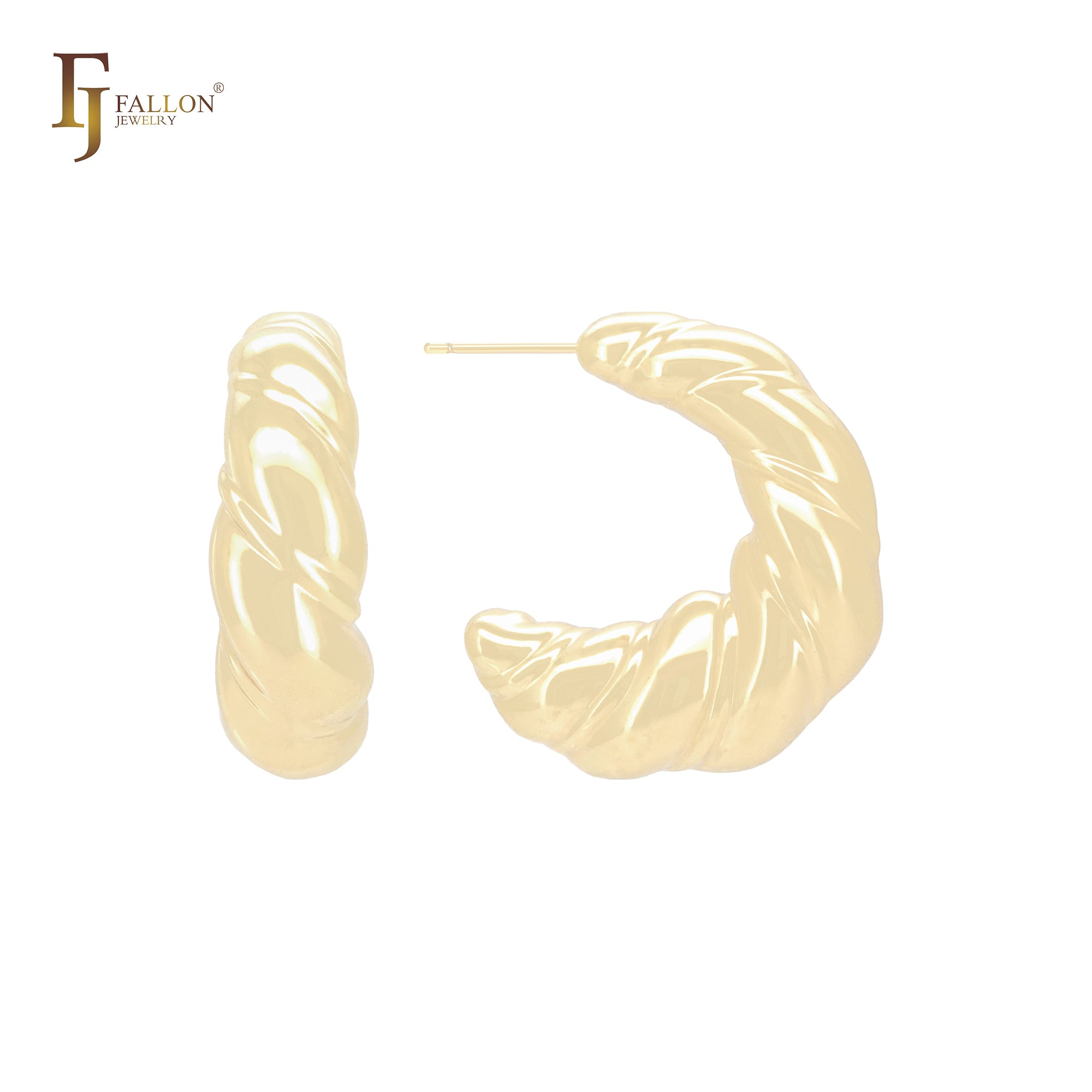 Twisted baguette shape C Hoop 14K Gold, Rose Gold, White Gold Stud Earrings