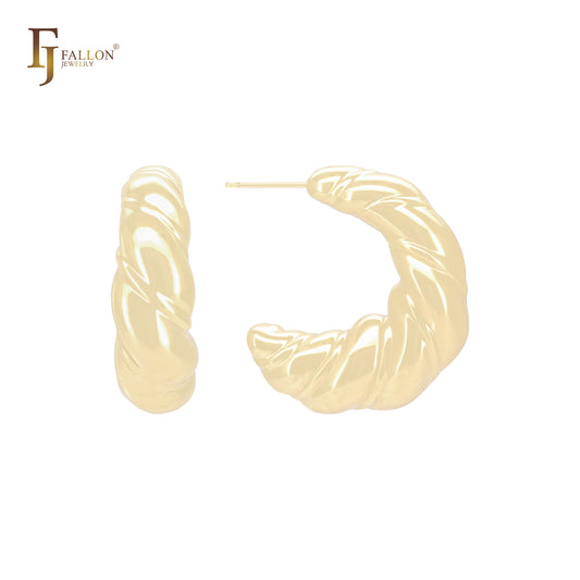 Twisted baguette shape C Hoop 14K Gold, Rose Gold, White Gold Stud Earrings