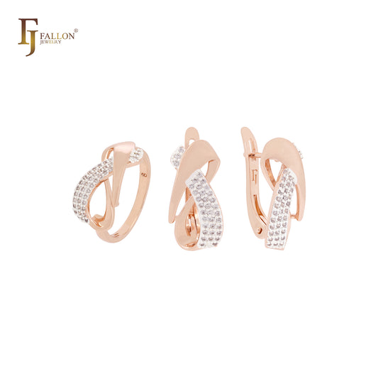 Geometric interlocking ribbon white CZs Rose Gold two tone Jewelry Set with Rings