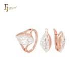 Oval leave split in half white CZs filigree Rose Gold two tone Jewelry Set with Rings