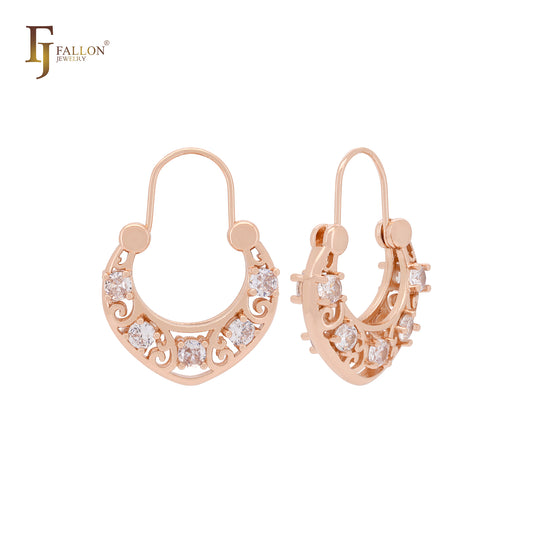 Basket white CZs cluster Rose Gold wire hook Earrings