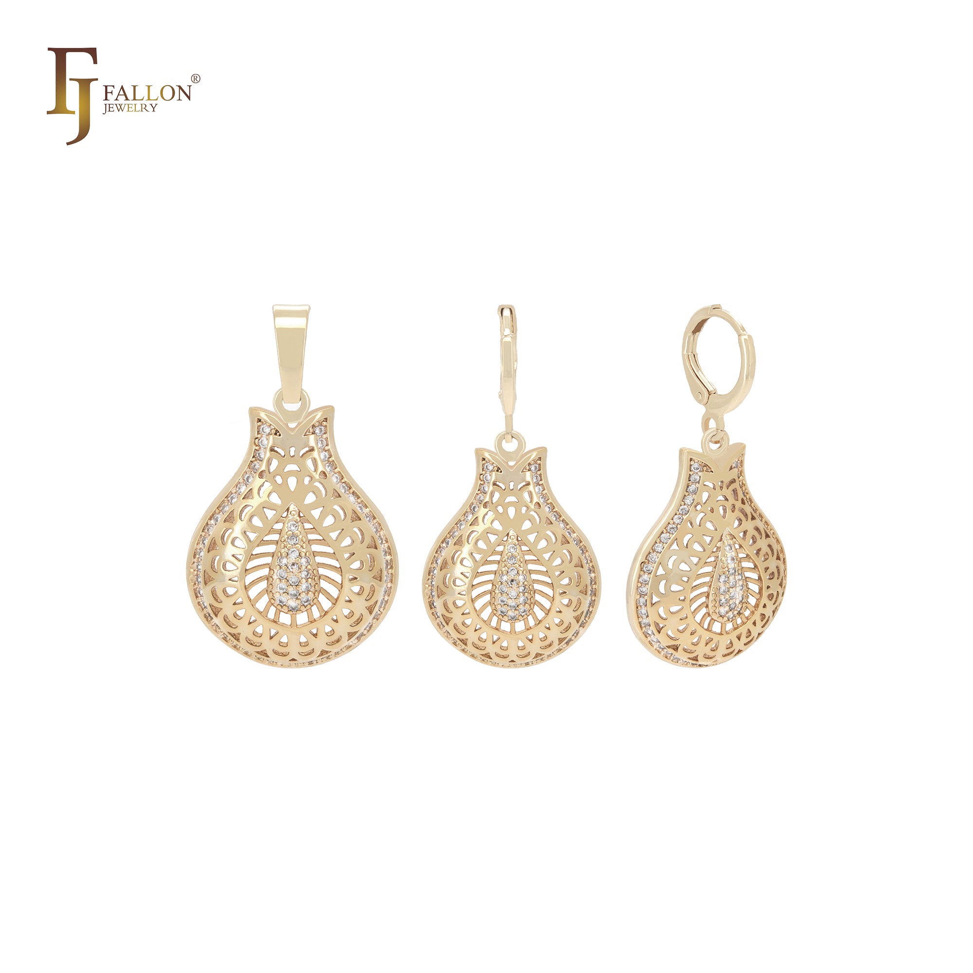 Filigree bottle of white CZs 14K Gold Jewelry Set with Pendant