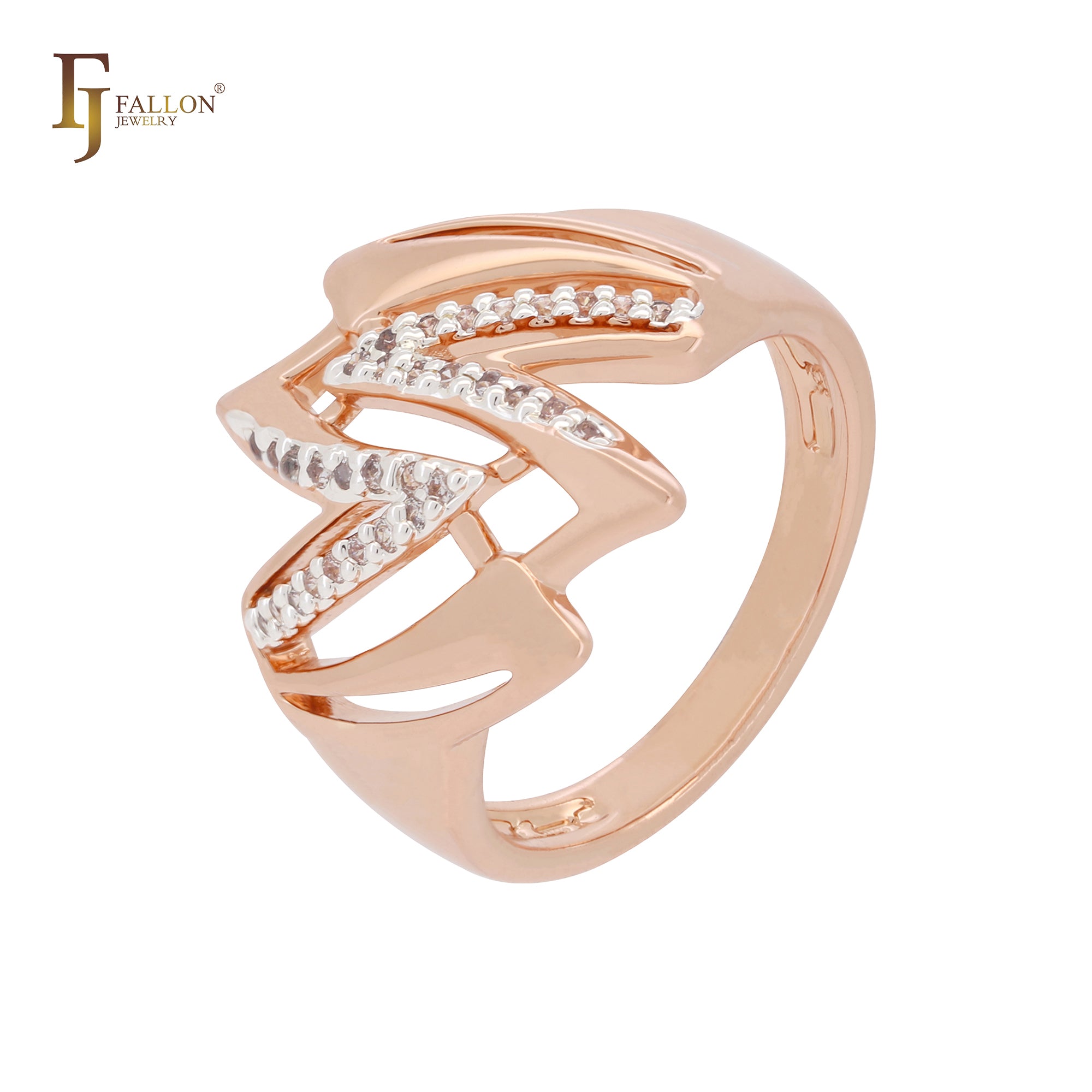 Lightning sign zigzac of white CZs Rose Gold two tone Fashion Rings