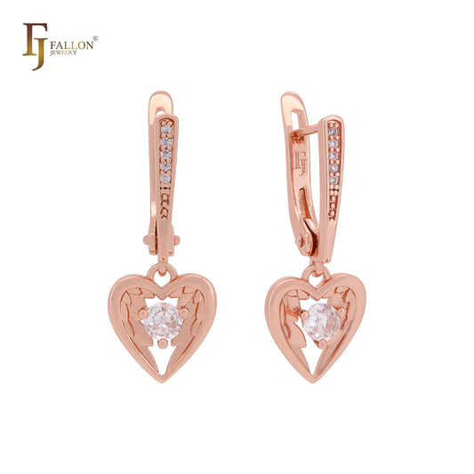 Angel's Wing with heart white CZ Rose Gold Clip-On Earrings