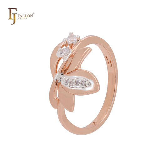 Elegant leaves drop of white CZ Rose Gold two tone Fashion Rings