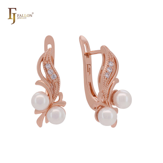 Double pearls on an elegant leave Rose Gold Clip-0n Earrings