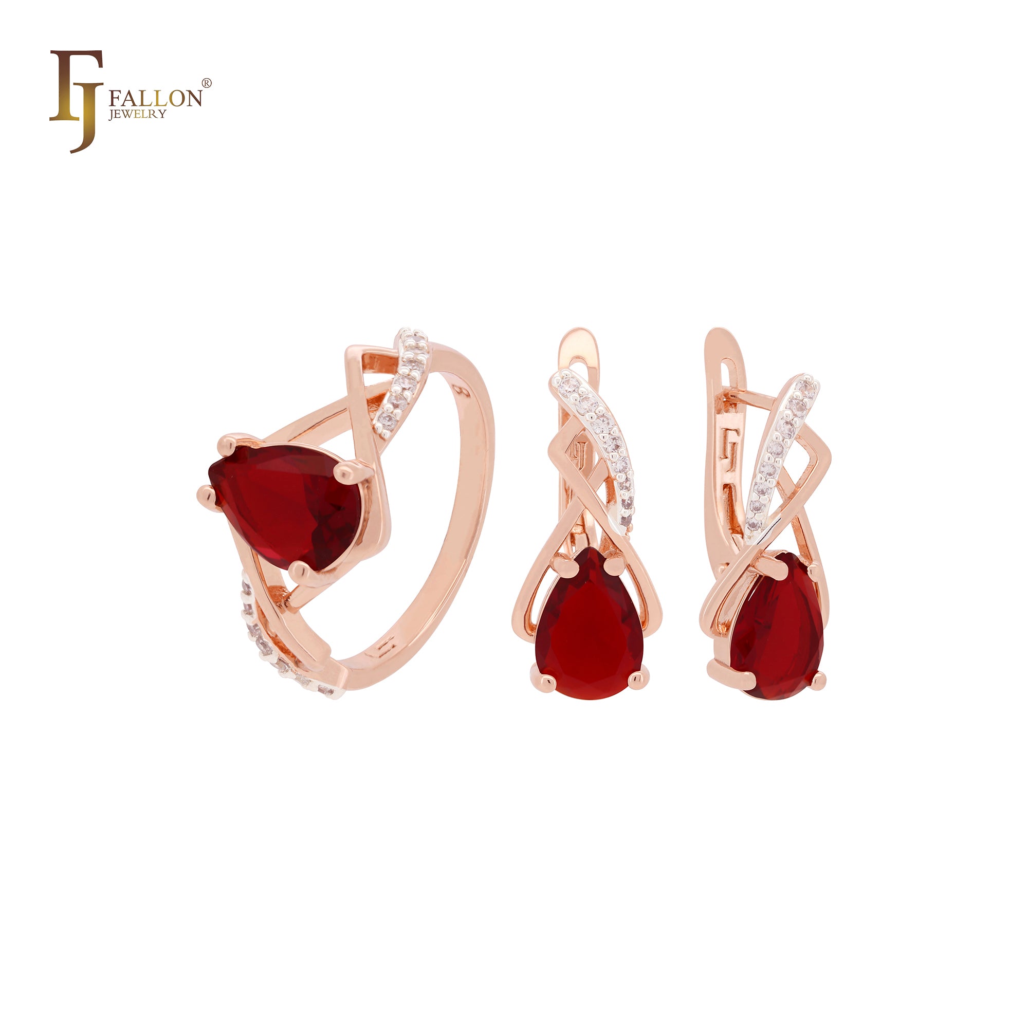 Crossing clawed pear shape scarlet CZ Rose Gold two tone Jewelry Set with Rings