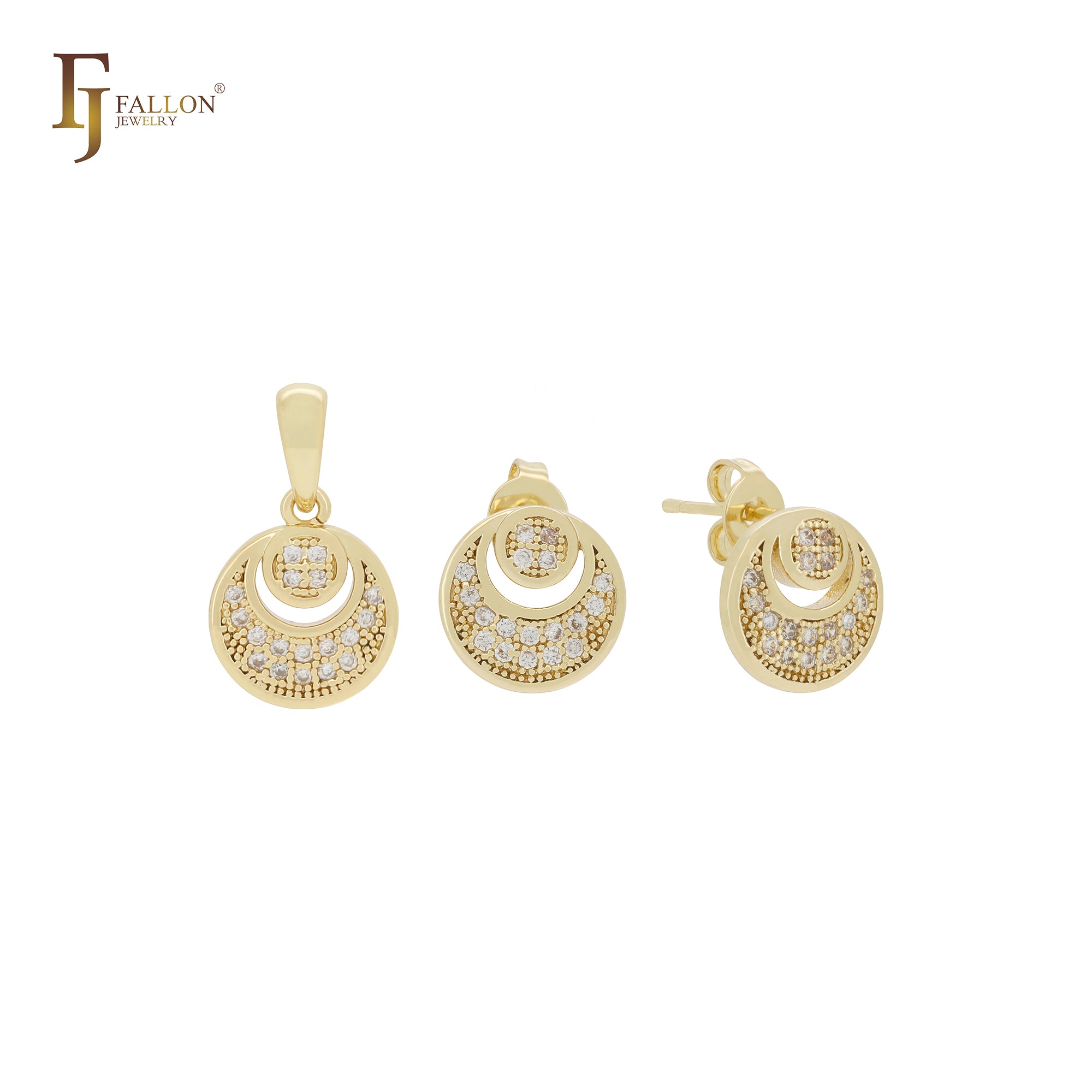 Petit tiny Rounded moon shape cluster white CZs 14K Gold Jewelry Set with Pendant and Stud Earrings