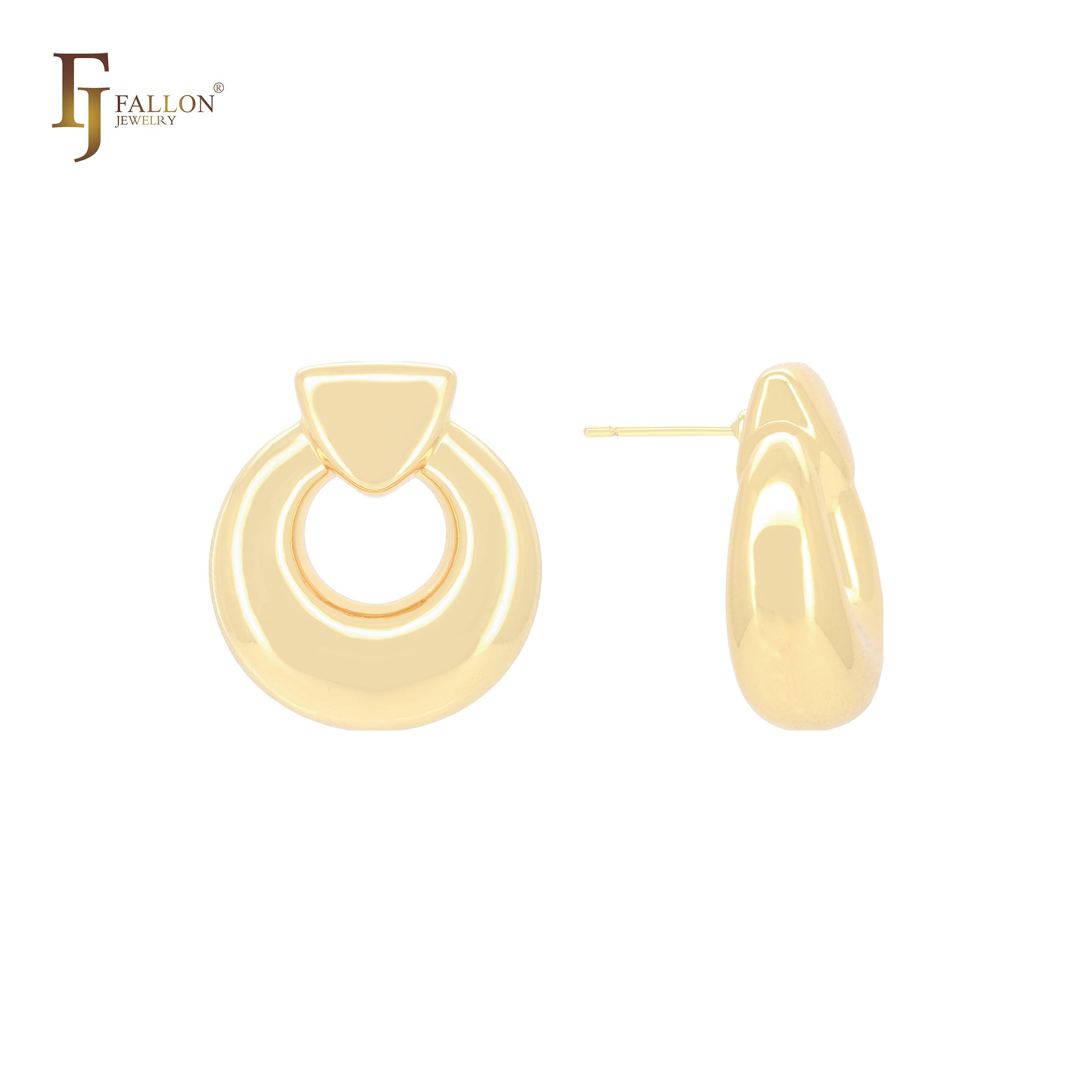 Glossy rounded mixed triangular lock shaped 14K Gold, Rose Gold, White Gold Stud Earrings