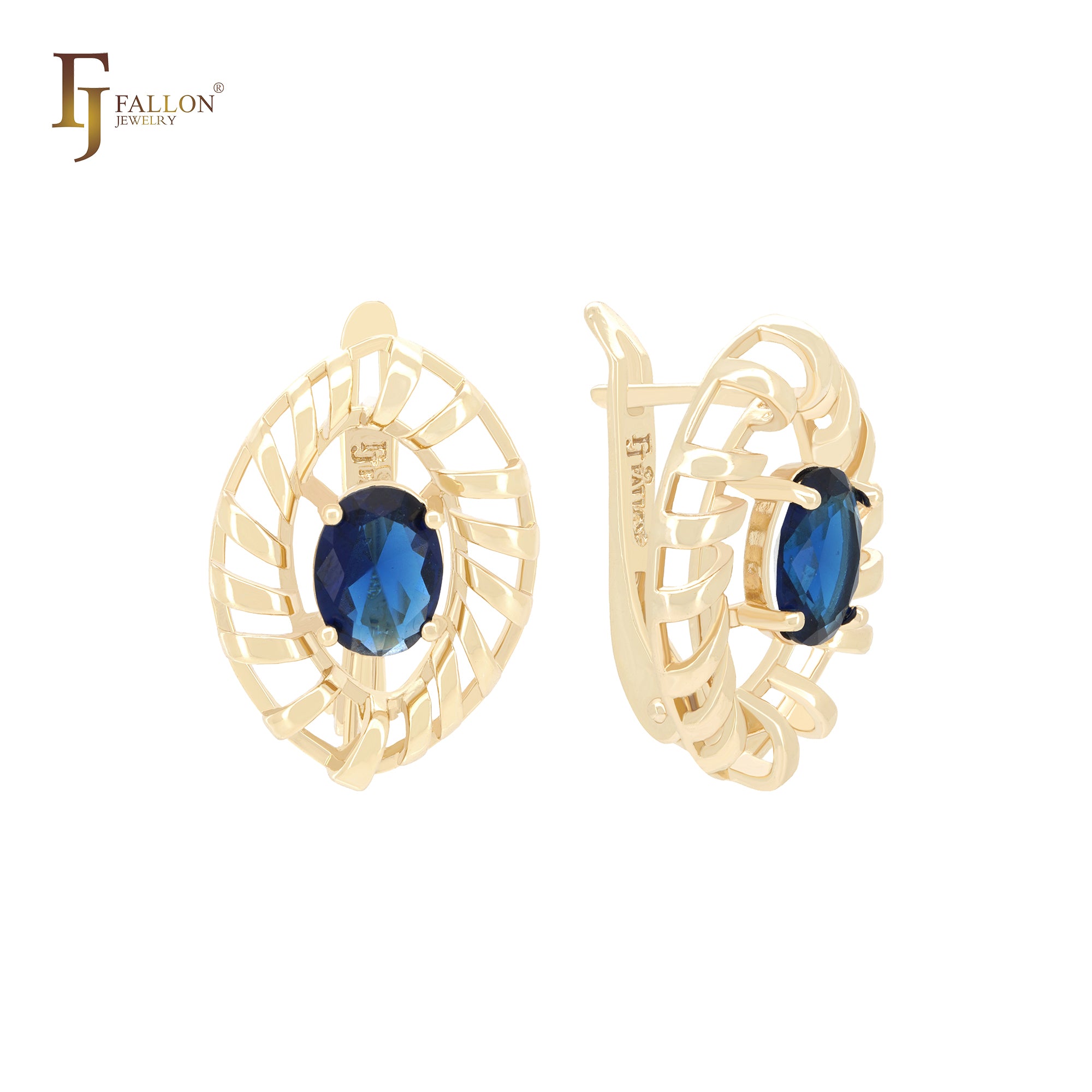 Marquise spinning solitaire oval blue CZ 14K Gold Clip-On Earrings