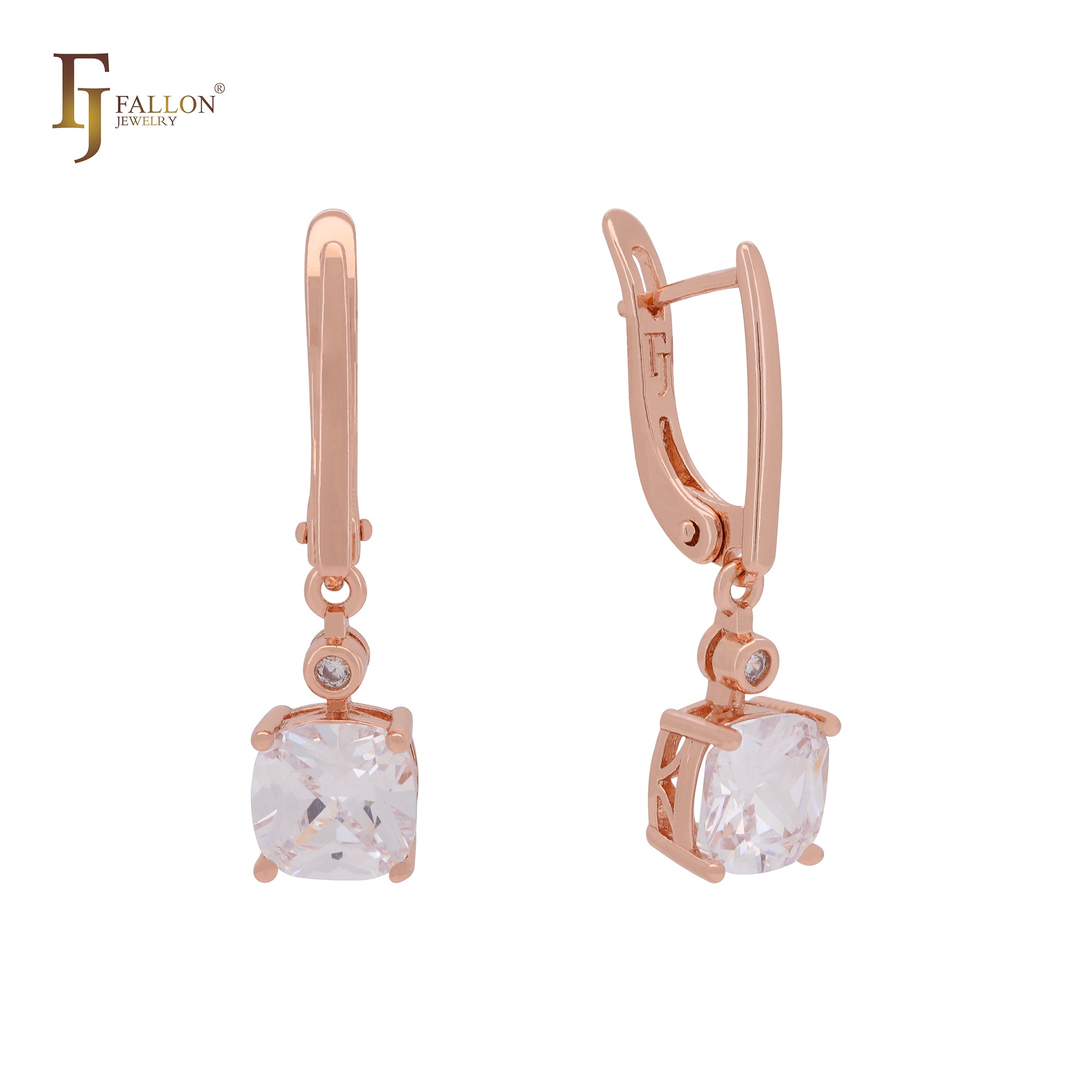 Cushion Cut white solitaire drop CZ Rose Gold Clip-On Earrings